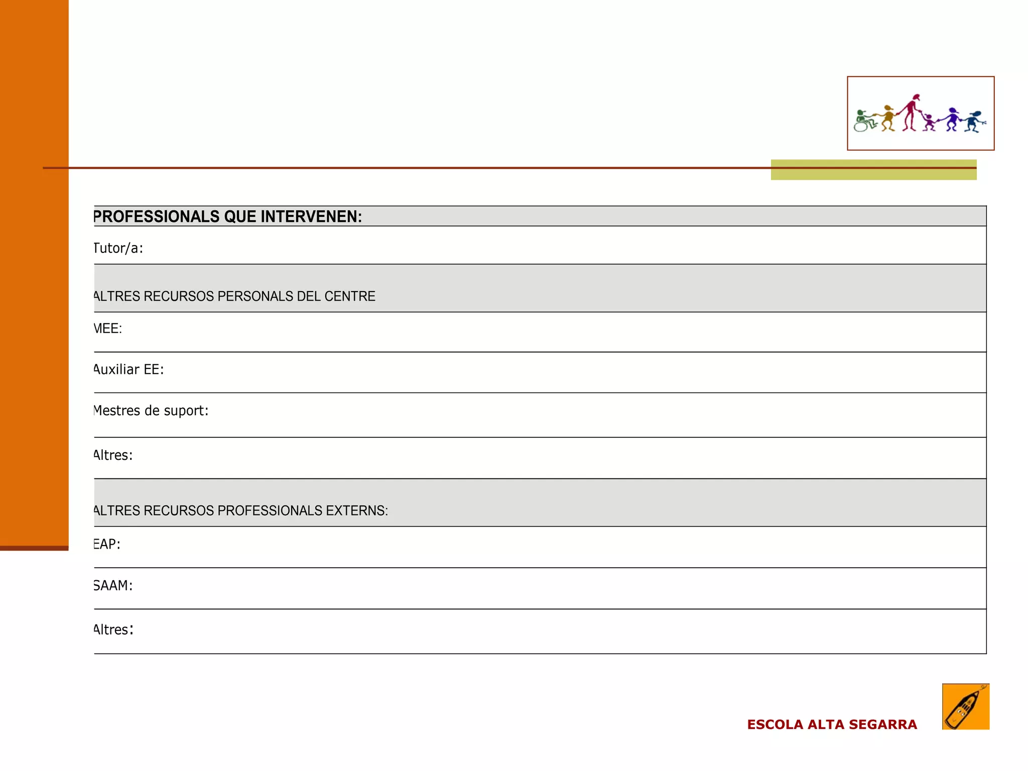EL MODEL DE L’ESCOLA
                                         (apartats)


PROFESSIONALS QUE INTERVENEN:
Tutor/a:


ALTRES RECURSOS PERSONALS DEL CENTRE

MEE:

Auxiliar EE:


Mestres de suport:


Altres:



ALTRES RECURSOS PROFESSIONALS EXTERNS:

EAP:


SAAM:


Altres:




                                                      ESCOLA ALTA SEGARRA
 