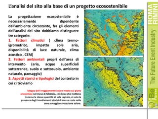 L’analisi del sito alla base di un progetto ecosostenibile
La
progettazione
ecosostenibile
è
necessariamente
dipendente
dall’ambiente circostante, fra gli elementi
dell’analisi del sito dobbiamo distinguere
tre categorie:
1. Fattori climatici ( clima termoigrometrico,
impatto
sole
aria,
disponibilità di luce naturale, clima
acustico , CEM)
2. Fattori ambientali propri dell’area di
intervento (aria, acque superficiali
sotterranee, suolo e sottosuolo, ambiente
naturale, paesaggio)
3. Aspetti storici e tipologici del contesto in
cui ci troviamo
Mappa dell’irraggiamento solare medio sul piano
orizzontale nel mese di febbraio, con linee che mettono
insieme le stesse quantità di sole captato, si nota la
presenza degli insediamenti storici di mezza costa nelle
aree a maggiore vocazione solare.

 