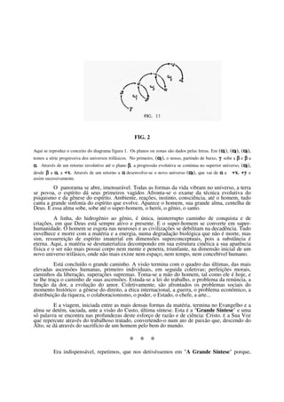 FIG. 2

                                                                                                 ω1
Aqui se reproduz o conceito do diagrama figura 1. Os planos ou zonas são dados pelas letras. Em (ω ),    ω2 ω
                                                                                                        (ω ), (ω ),
                                                                                                                3
                                                               ω1
                                                              (ω ), o nosso, partindo de baixo, γ sobe a β e β a
temos a série progressiva dos universos trifásicos. No primeiro,
                                                                                                             ω
α. Através de um retorno involutivo até o plano β, a progressão evolutiva se continua no superior universo, (ω ),
                                                                                                              2
                                                                                ω3
desde β a α, a +x. Através de um retorno a α desenvolve-se o novo universo (ω ), que vai de α a +x, +y e
assim sucessivamente.

         O panorama se abre, imensurável. Todas as formas da vida vibram no universo, a terra
se povoa, o espírito dá seus primeiros vagidos Afronta-se o exame da técnica evolutiva do
psiquismo e da gênese do espírito. Ambiente, reações, instinto, consciência, até o homem, tudo
canta a grande sinfonia do espírito que evolve. Aparece o homem, sua grande alma, centelha de
Deus. E essa alma sobe, sobe até o super-homem, o herói, o gênio, o santo.
          A linha, do hidrogênio ao gênio, é única, ininterrupto caminho de conquista e de
criações, em que Deus está sempre ativo e presente. E o super-homem se converte em super-
humanidade. O homem se esgota nas neuroses e as civilizações se debilitam na decadência. Tudo
envelhece e morre com a matéria e a energia, numa degradação biológica que não é morte, mas
sim, ressurreição de espírito imaterial em dimensões superconceptuais, pois a substância é
eterna. Aqui, a matéria se desmaterializa decompondo em sua estrutura cinética a sua aparência
física e o ser não mais possui corpo nem mente e penetra, triunfante, na dimensão inicial de um
novo universo trifásico, onde não mais existe nem espaço, nem tempo, nem concebível humano.
          Está concluído o grande caminho. A visão termina com o quadro das últimas, das mais
elevadas ascensões humanas, primeiro individuais, em seguida coletivas; perfeições morais,
caminhos da liberação, superações supremas. Toma-se a mão do homem, tal como ele é hoje, e
se lhe traça o caminho de suas ascensões. Estuda-se a lei do trabalho, o problema da renúncia, a
função da dor, a evolução do amor. Coletivamente, são afrontados os problemas sociais do
momento histórico: a gênese do direito, a ética internacional, a guerra, o problema econômico, a
distribuição da riqueza, o colaboracionismo, o poder, o Estado, o chefe, a arte...
         E a viagem, iniciada entre as mais densas formas da matéria, termina no Evangelho e a
alma se detém, saciada, ante a visão do Custo, última síntese. Esta é a "Grande Síntese" e uma
só palavra se encontra nas profundezas deste esforço de razão e de ciência: Cristo. É a Sua Voz
que repercute através do trabalhoso tratado, convertendo-o num ato de paixão que, descendo do
Alto, se dá através do sacrifício de um homem pelo bem do mundo.

                                                   * * *
          Era indispensável, repetimos, que nos detivéssemos em "A Grande Síntese" porque,
 