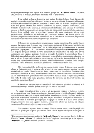 religiões poderão negar sem abjurar de si mesmas, porque em "A Grande Síntese" São todas
elas, inclusive as inimigas, finalmente irmanadas num só pensamento.

          E na verdade a obra se desenvolve num sentido de visão. Sobre o fundo da sucessão
evolutiva dos universos (figura 1) surge, isolado, o universo trifásico do concebível humano;
trifásico, porque constituído por três planos de existência, que são Matéria, Energia e Espírito.
Estes três planos existem nas relativas dimensões de espaço, tempo e consciência. Esta
trindade, tridimensional e trifásica, é simultaneamente reduzida a uma unidade de substância
em que se fundem, desaparecendo as aparências da forma, relativa, em evolução. Além dos
limites dessa unidade trina o concebível humano não pode atualmente chegar está,
presentemente, fechado em seu universo que, entretanto, superará. As formas, porém, são
infinitas, progredindo desde as fases submateriais até as fases físicas, dinâmicas e psíquicas de
nosso universo e indo até às superconceptuais que o superam.

         O homem, em seu psiquismo, se encontra na escada ascensional. E a grande viagem
começa da matéria, que é tomada para exame como produto de desfazimento involutivo de
universos evolutivamente precedentes4 — a evolução procede por dobramentos e retornos
periódicos (veja figuras. 1 e 2) e é estudada na série estequiogenética (stechiogenesi = gênese
dos corpos), por peso atômico e outras características fundamentais até traçar uma árvore
genealógica das espécies químicas. Assim, a evolução da matéria é acompanhada desde o
hidrogênio das nebulosas até o urânio, isto é, dos pesos atômicos mínimos aos máximos, em
que se inicia a desagregação radioativa, que representa a gênese das formas dinâmicas. E desse
modo, num determinado momento, a matéria morre como matéria e renasce como energia.
Muda-se a forma do relativo, mas intacta permanece a substância divina do todo.

         São examinadas todas as formas de energia. Antes, porém, de descer a este segundo
plano, a visão contempla o universo não só sob este seu aspecto estático, em que ele, por
comodidade de estudo, é isolado em sua forma e concebido em imobilidade. Também existe
um aspecto dinâmico. E então, não mais observamos uma sucessão de formas, mas assistimos
ao seu íntimo tornar-se, que as transforma umas noutras. Tudo se move, se agita; tudo palpita e
tem vida. E sobe, sobe numa grandiosa sinfonia de impulsos, de desenvolvimentos, de
equilíbrios que gritam: Deus!

       E existe um terceiro aspecto: conceptual. Três aspectos, portanto: o universo a si
mesmo se contempla com três grandes olhos que são uma só luz: Deus.

      No aspecto conceptual, a visão se abre às leis que guiam o processo evolutivo do cosmos,
ao pensamento que rege Os desenvolvimentos fenomênicos, ao princípio abstrato, à idéia que
se exterioriza em todo esse tornar-se, modelando-o à sua imagem. Assim é definida a trajetória
típica dos movimentos fenomênicos (fig. 1) e traçada a teoria da evolução das dimensões. E
vemos nascerem e morrerem por superação o espaço e o tempo. E a lei de Deus aparece,
integral, inclusive nos seus aspectos menores, no universo inferior da matéria, até refulgir,
sempre mais límpida, no universo superior do espírito.

         Nasce então, a segunda forma: a energia. Nasce o tempo, nasce a protoforça típica do
universo: a gravitação. O gesto possante de Deus vira as páginas ciclópicas da criação e a

4
 Esse problema, que completa a visão de "A Grande Síntese", é o argumento da obra de Pietro
Ubaldi - "Deus e Universo", l0.º volume das Obras Completas, e ainda dos que se lhe seguem:
"O Sistema" e "Queda e Salvação". (Nota do Tradutor).
 