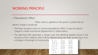 WORKING PRINCIPLE
• Piezoelectric Effect
When stress is applied on the quartz crystals then an
electric charge is produced
• The Piezo actuators work on reverse piezoelectric effect. It uses the electric
charge to create mechanical displacement or deformation
• The electrical field generates a torque over the electrical dipoles found in the
structure of the material, which will be aligned along the field, producing in turn
a change in the length of monocrystalline partitions.
 