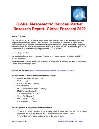 Tel: +1-646-845-9349 sales@marketresearchfuture.com
Global Piezoelectric Devices Market
Research Report- Global Forecast 2022
Market Scenario
Piezoelectricity can be defined as ability of certain materials to generate an electric charge in
response to mechanical stress. These materials are classified on the basis of crystals and
ceramics and plays very vital role in the electric generation and energy harvesting. The global
piezoelectric device market has been valued at US $XX billion which is expected to grow at US
$XX billion by the end of forecasted period with CAGTR of XX%.
Market Segmentation
Segmentation by Application: Sensors, Transducers, Energy harvesting, Motors and High
voltage actuators.
Segmentation by Vertical: Oil & Gas, Automotive, Aerospace & Defence, Medical & Healthcare,
Communication among others.
Get Sample Report @ https://www.marketresearchfuture.com/sample_request/1221
Key Players for Global Piezoelectric Devices Market:
 Morgan Advanced Materials (UK),
 PI (Germany),
 Piezosystem Jena (Germany),
 Piezomechanik
 Dr. Lutz Pickelmann GmbH (Germany),
 Mad City Labs, Inc. (U.S.),
 APC International, Ltd. (U.S.),
 CeramTec (Germany),
 Noliac A/S (Denmark),
 Piezo Systems, Inc. (U.S.)
Study Objective of Piezoelectric Devices Market
 To provide detailed analysis of the market structure along with forecast of the various
segments and sub-segments of the Global Piezoelectric Devices Market
 To provide insights about factors affecting the market growth
 