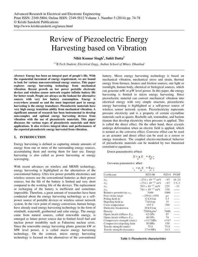 Piezoelectric energy harvesting based on vibration | PDF