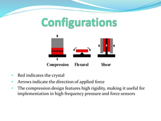 • Red indicates the crystal
• Arrows indicate the direction of applied force
• The compression design features high rigidity, making it useful for
implementation in high frequency pressure and force sensors
 