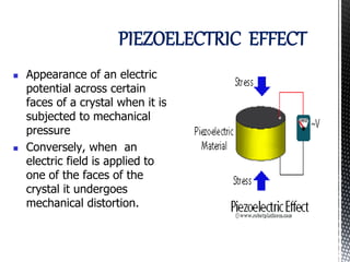 PIEZOELECTRIC EFFECT 
 Appearance of an electric 
potential across certain 
faces of a crystal when it is 
subjected to mechanical 
pressure 
 Conversely, when an 
electric field is applied to 
one of the faces of the 
crystal it undergoes 
mechanical distortion. 
 