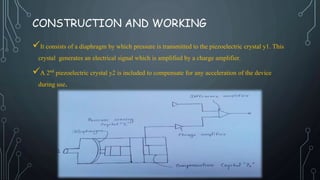 CONSTRUCTION AND WORKING
It consists of a diaphragm by which pressure is transmitted to the piezoelectric crystal y1. This
crystal generates an electrical signal which is amplified by a charge amplifier.
A 2nd piezoelectric crystal y2 is included to compensate for any acceleration of the device
during use.
 