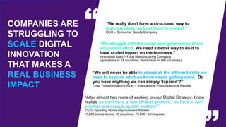 “After almost two years of working on our Digital Strategy, I now
realize we don't have a ‘lack of ideas problem,’ we have a ‘can’t
prioritize and execute quickly problem'!”
CEO – Leading Home Improvement Retailer
(1,200 stores across 10 countries; 75,000+ employees)
“We struggle with the scope and governance of our
incubation effort. We need a better way to do it to
have scaled impact on the business.”
Innovation Lead – Food Manufacturing Company
(operations in 18 countries; distribution in 180 countries)
“We will never be able to attract all the different skills we
need to execute what we know needs getting done. Do
you have anything we can simply ‘tap into’?”
Chief Transformation Officer – International Pharmaceutical Retailer
COMPANIES ARE
STRUGGLING TO
SCALE DIGITAL
INNOVATION
THAT MAKES A
REAL BUSINESS
IMPACT
“We really don’t have a structured way to
test new ideas and get them to market.”
CEO – Consumer Goods Company
 