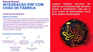 INTEGRAÇÃO ERP COM
CHÃO DE FÁBRICA
CLIENTE POSSUIA SOLUÇÃO DE
GESTÃO DA PRODUÇÃO SEM SUPORTE
NATIVO Á INTEGRAÇÃO COM SAP E
ALTO CUSTO DE MANUTENÇÃO PARA
EVOLUÇÕES E ADEQUAÇÕES
Objetivo do Projeto:
Grande Empresa Alimentícia
Caso de Sucesso
conectividade
nativa com o Sap
s/4
Flexível criação de
front end
conectividade nativa
com o shop floor
Aderência aos
processo do sap e
de alimentos
Plataforma Aberta
com extensa
documentação
Implementação do controle da produção, em 04 fábricas, de forma integrada
com os equipamentos de produção e ERP reduzindo apontamento manual e
aumentando a confiabilidade nos dados gerenciais das plantas. Além da
produção também foram implementados o controle de Inventário e
Manutenção. Iniciou-se uma jornada da Indústria 4.0 no qual teremos como
próximos passos a Inteligência Operacional (Manutenção Preditiva,
Analytics e Machine Learning).
Características da Solução:
 