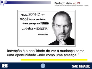 Opcional – Local para logomarca(s) – empresas, instituições de ensino etc.
Inovação é a habilidade de ver a mudança como
uma oportunidade –não como uma ameaça.”
 