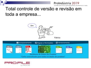 Total controle de versão e revisão em
toda a empresa...
Sim
Fábrica
Backbone de Dados do Produto
"Cofre centralizado para todos os dados do produto"
VersionamentoRegras e PermissõesArmazenamento
 