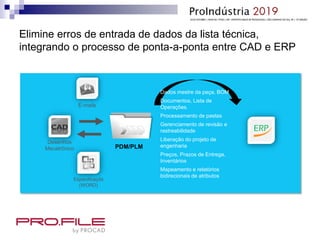 Elimine erros de entrada de dados da lista técnica,
integrando o processo de ponta-a-ponta entre CAD e ERP
E-mails
Especificaçõs
(WORD)
PDM/PLM
Desenhos
Mecatrônico
ERP
Dados mestre da peça, BOM
Documentos, Lista de
Operações.
Processamento de pastas
Gerenciamento de revisão e
rastreabilidade
Liberação do projeto de
engenharia
Preços, Prazos de Entrega,
Inventários
Mapeamento e relatórios
bidirecionais de atributos
 