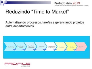 Reduzindo “Time to Market”
Marketing
Prototipagem
e Teste
Engenharia
e Desenvolv.
Compras Planejamento
de Produção
Produção Vendas Suporte
Automatizando processos, tarefas e gerenciando projetos
entre departamentos
 