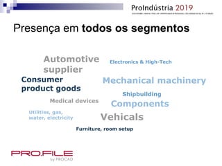 Presença em todos os segmentos
Mechanical machinery
Vehicals
Automotive
supplier
Components
Electronics & High-Tech
Furniture, room setup
Shipbuilding
Utilities, gas,
water, electricity
Consumer
product goods
Medical devices
 