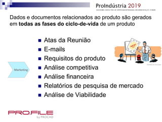 Dados e documentos relacionados ao produto são gerados
em todas as fases do ciclo-de-vida de um produto
 Atas da Reunião
 E-mails
 Requisitos do produto
 Análise competitiva
 Análise financeira
 Relatórios de pesquisa de mercado
 Análise de Viabilidade
Marketing
 
