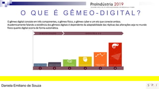 Daniela Emiliano de Souza
O gêmeo digital consiste em três componentes, o gêmeo físico, o gêmeo cyber e um elo que conecte ambos.
Academicamente falando a existência dos gêmeos digitais é dependente da adaptabilidade das réplicas das alterações seja no mundo
físico quanto digital ocorra de forma automática.
O Q U E É G Ê M E O - D I G I T A L ?
 