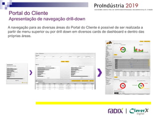 |
A navegação para as diversas áreas do Portal do Cliente é possível de ser realizada a
partir de menu superior ou por drill down em diversos cards de dashboard e dentro das
próprias áreas.
Portal do Cliente
Apresentação de navegação drill-down
 