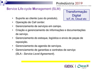 |
• Suporte ao cliente (uso do produto).
• Operação de Call center.
• Gerenciamento de serviços em campo.
• Criação e gerenciamento de informações e documentações
de serviço.
• Gerenciamento do estoque, logística e envio de peças de
reposição.
• Gerenciamento da agenda de serviços.
• Gerenciamento de garantias e contratos de serviço
(SLA - Service Level Agreement).
Service Life-cycle Management (SLM)
Transformação
Digital
IoT, AI, Cloud etc
 