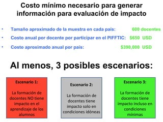 Tamaño aproximado de la muestra en cada país: 600 docentes Costo anual por docente por participar en el PIFFTIC:   $650  USD Costo aproximado anual por país:   $390,000  USD Al menos, 3 posibles escenarios: Escenario 1: La formación de docentes NO tiene impacto en el aprendizaje de los alumnos Costo mínimo necesario para generar información para evaluación de impacto Escenario 2: La formación de docentes tiene impacto solo en condiciones idóneas Escenario 3: La formación de docentes tiene impacto incluso en condiciones mínimas 