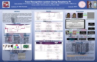 RESEARCH POSTER PRESENTATION DESIGN © 2012
www.PosterPresentations.com
The invention is all about a security system and implementation method. The system
comprises of pi-camera, face detection classifier, trained database, programmes with
programming libraries, raspberry pi-processor module, face recognition classifier,
keyboard, mouse, motor and LCD screen.
System has advantage that it can verifies or authenticate a person through face
without using large computer or any man observations; and opens the door or keep it
locked as per the result. It comprises of a new entry configuration for newies.
Example: If person ‘X’ visits a place ‘A’ with this system and have/haven’t previously
stored the facial data in place ‘A’ database; then door will be opened/closed;
“matched/not matched” will be displayed on screen according to the result for ‘X’.
ABSTRACT
Block diagram
CONCLUSION
Face Recognition system Using Raspberry Pi
Fig 1: Security System
HARDWARE
Algorithm
Fig 6: Face Detection
Fig 8: Face Recognition
Fig 4: AT&T
database
Fig 7:PCA for Database
Face recognition system based on Raspberry Pi single-board computer is divided
in two parts -the software part and the hardware part. Software part describes the
algorithms for face detection, localization, feature extraction and recognition.
Hardware part describes how the system was built and what modules does it use.
PCA based facial detection and recognition system uses the Raspberry Pi
development platform. The software codes for both detection and recognition of
faces are written using C++ library of OpenCV resulting in reduction of background
noise and pre-processing is minimized. The system works best when the face is
sufficiently illuminated and the person is frontal w.r.t. the camera.
Fig 9: METHODOLOGY
Face recognition SOFTWARE
Fig 2: Difference Fig 5: Model B3
Database REFERENCES
• Eigenfaces for Recognition”, Turk, M. and Pentland A., (1991) Journal of
Cognitive Neuroscience, Vol. 3, No. 1, pp. 71-86.
• file://localhost/C:/Program%20Files/OpenCV/docs/index.htm
• www.raspberrypi.com.
• Sarala A. Dabhade and Mrunal S. Bewoor, Real Time Face Detection and
Recognition using Haar – Based Cascade Classifier and Principal Component
Analysis, International Journal of Computer Science and Management
Research, Aug 201 2, Vol 1 , Issue 1
Team members: Dimple Balasar(120090111055),Hetvi Naik(130090111055),Vatsal Champaneria(140093111005),Krunal
Parmar(140093111017),Khushbu Raj(140093111033)
Guided by: Dr. Mita Paunwala Group No: 80414
C. K. PITHAWALA COLLEGE OF ENGINEERING AND TECHNOLOGY
Result Analysis
Face detectedInput Image Eigen Faces
EIGEN FACE DATABASE
D >
THERSHOLD
MATCHED
D <
THERSHOLD
NOT
MATCHED
DISPLAY
“Sally”
O/P
Sent to set
for matching
comparing
Input Image Face detected
O/P
Recognition
Detection
❑ Face recognition is
actually divided into
2 parts:
1. Face detection
(Haar Cascade)
2. Face Recognition
(PCA Algorithm)
❑ The software section
is “OPENCV” c++
libraries with
“PYTHON” scripts.
❑ It have some inbuilt
functions with are
easy to execute the
algorithm.
❑ The AT&T
database is used
here. But we can
create our own
also.
❑ Here the Eigen
faces are stored.
❑ The credit-card size
processor called
“RASPBERRY
PI B3” model is
used as hardware
platform which
supports the whole
system.
Fig 3: OPENCV
FACIAL
DATABAS
E
Distance
calculation
The comparison is done on:
 