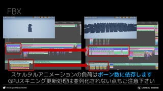 #UE4 | @UNREALENGINE
FBX
スケルタルアニメーションの負荷はボーン数に依存します
GPUスキニング更新処理は並列化されない点もご注意下さい
 
