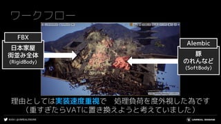 #UE4 | @UNREALENGINE
ワークフロー
理由としては実装速度重視で 処理負荷を度外視した為です
（重すぎたらVATに置き換えようと考えていました）
日本家屋
街並み全体
(RigidBody)
FBX
豚
のれんなど
(SoftBody)
Alembic
 