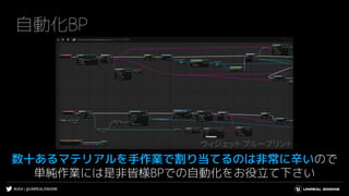 #UE4 | @UNREALENGINE
自動化BP
数十あるマテリアルを手作業で割り当てるのは非常に辛いので
単純作業には是非皆様BPでの自動化をお役立て下さい
 