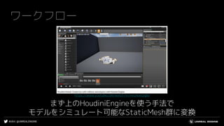 #UE4 | @UNREALENGINE
ワークフロー
まず上のHoudiniEngineを使う手法で
モデルをシミュレート可能なStaticMesh群に変換
https://www.youtube.com/watch?v=4xUAueQigbo
 