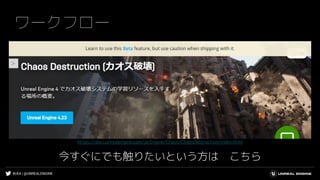 #UE4 | @UNREALENGINE
https://docs.unrealengine.com/ja/Engine/Chaos/ChaosDestruction/index.html
ワークフロー
今すぐにでも触りたいという方は こちら
 