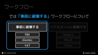 #UE4 | @UNREALENGINE
ワークフロー
では「事前に破壊する」ワークフローについて
事前に破壊する リアルタイムに破壊する
Alembic
FBX
VAT
Niagara
PhysX
Chaos
 