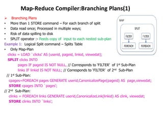Map-Reduce Compiler:Branching Plans(1)
 Branching Plans
• More than 1 STORE command – For each branch of split
• Data read once; Processed in multiple ways;
• Risk of data spilling to disk
• SPLIT operator :- Feeds copy of input to each nested sub-plan
Example 1: Logical Split command – Splits Table
• Only Map-Plan
   clicks = LOAD `clicks„ AS (userid, pageid, linkid, viewedat);
   SPLIT clicks INTO
          pages IF pageid IS NOT NULL, // Corresponds to „FILTER‟ of 1st Sub-Plan
          links IF linkid IS NOT NULL; // Corresponds to „FILTER‟ of 2nd Sub-Plan
  // 1st Sub-Plan:
    cpages=FOREACH pages GENERATE userid,CanonicalizePage(pageid) AS page,viewedat;
    STORE cpages INTO `pages';
// 2nd Sub-Plan:
    clinks = FOREACH links GENERATE userid,CanonicalizeLink(linkid) AS clink, viewedat;
    STORE clinks INTO `links';
 