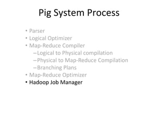 Pig System Process
• Parser
• Logical Optimizer
• Map-Reduce Compiler
   –Logical to Physical compilation
   –Physical to Map-Reduce Compilation
   –Branching Plans
• Map-Reduce Optimizer
• Hadoop Job Manager
 