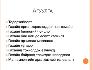 АГУУЛГА
 Тодорхойлолт
 Гахайд өргөн хэрэглэгддэг нэр томьёо
 Гахайн биологийн онцлог
 Гахайн бие цогцос өсөлт хөгжилт
 Гахайн арчилгаа маллагаа
 Гахайн үүлдэр
 Гахайнд тохиолдох өвчнүүд
 Гахайн байранд тавигдах шаардлага
 Мал эмнэлгийн арга хэмжээ төлөвлөлт
 