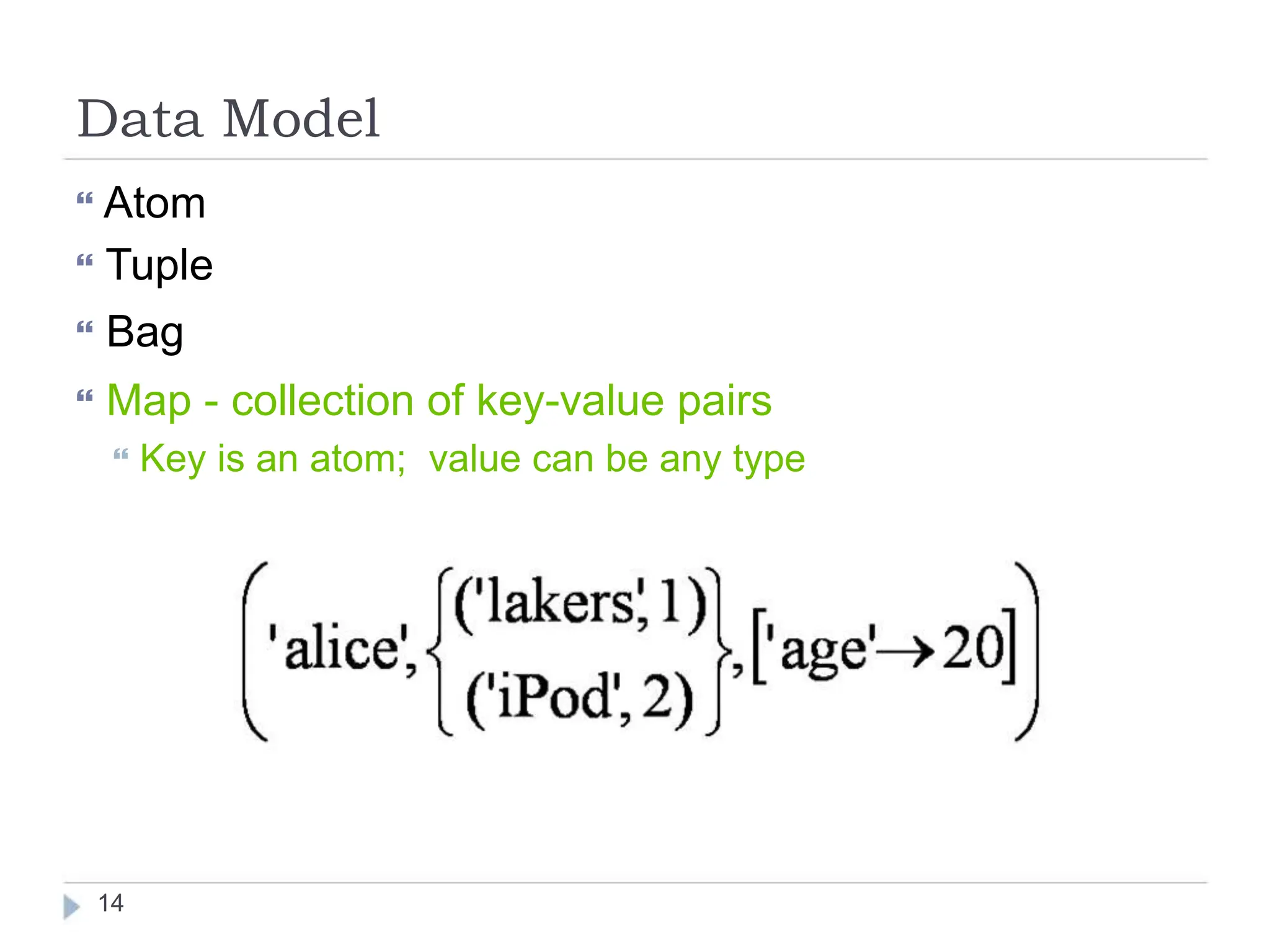 Data Model
 Atom
 Tuple
 Bag
 Map - collection of key-value pairs
 Key is an atom; value can be any type
14
 