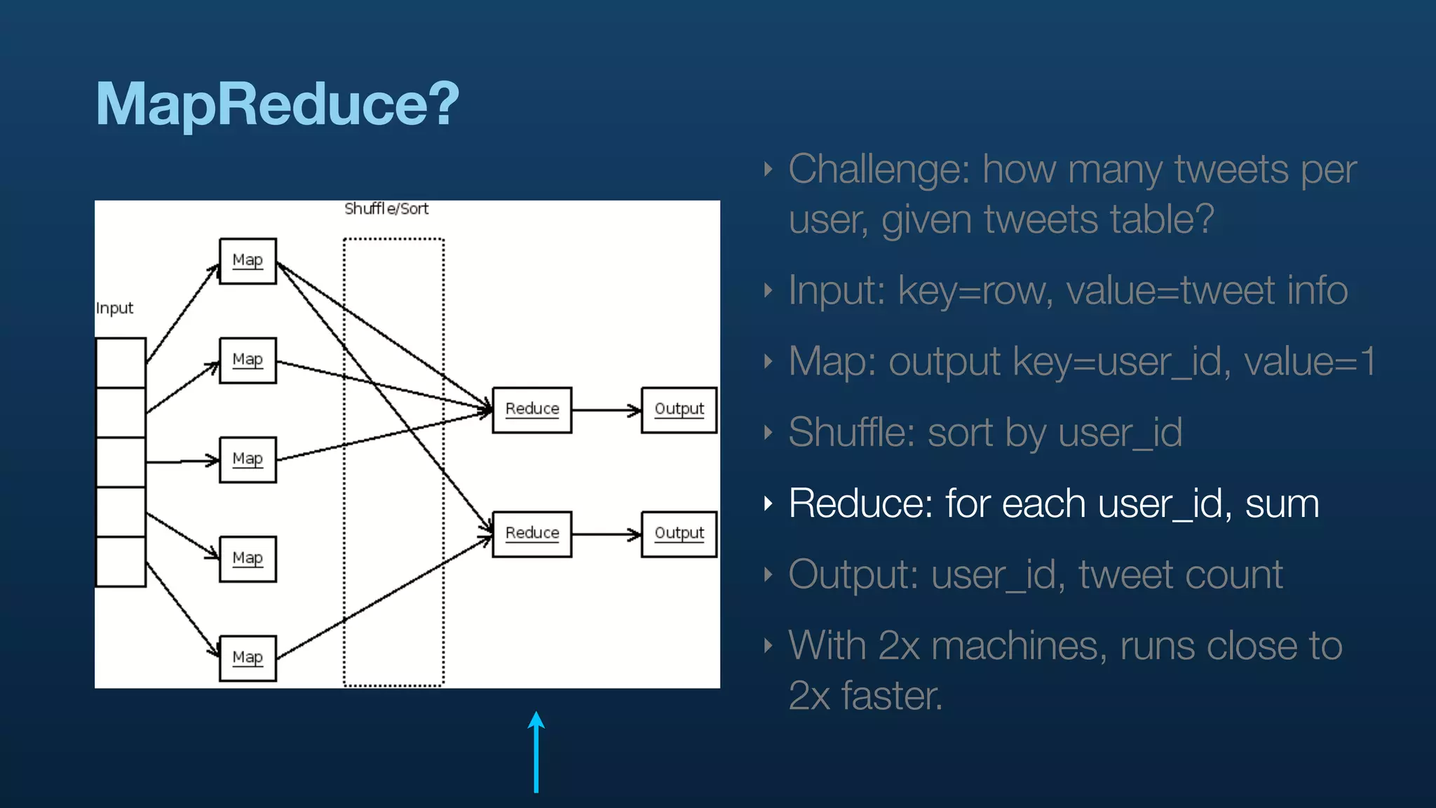 MapReduce?
             ‣   Challenge: how many tweets per
                 user, given tweets table?
             ‣   Input: key=row, value=tweet info
             ‣   Map: output key=user_id, value=1
             ‣   Shuffle: sort by user_id
             ‣   Reduce: for each user_id, sum
             ‣   Output: user_id, tweet count
             ‣   With 2x machines, runs close to
                 2x faster.
 
