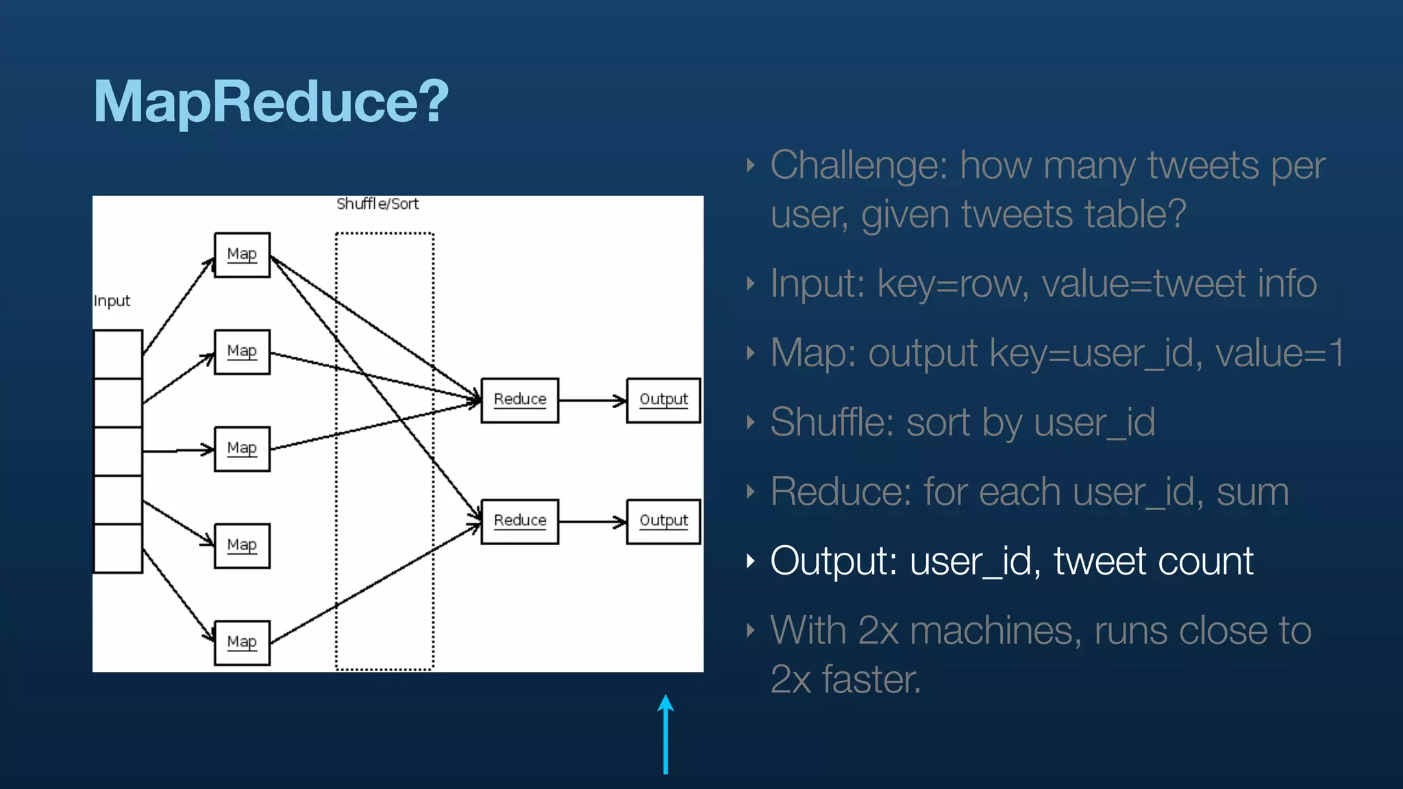 MapReduce?
             ‣   Challenge: how many tweets per
                 user, given tweets table?
             ‣   Input: key=row, value=tweet info
             ‣   Map: output key=user_id, value=1
             ‣   Shuffle: sort by user_id
             ‣   Reduce: for each user_id, sum
             ‣   Output: user_id, tweet count
             ‣   With 2x machines, runs close to
                 2x faster.
 