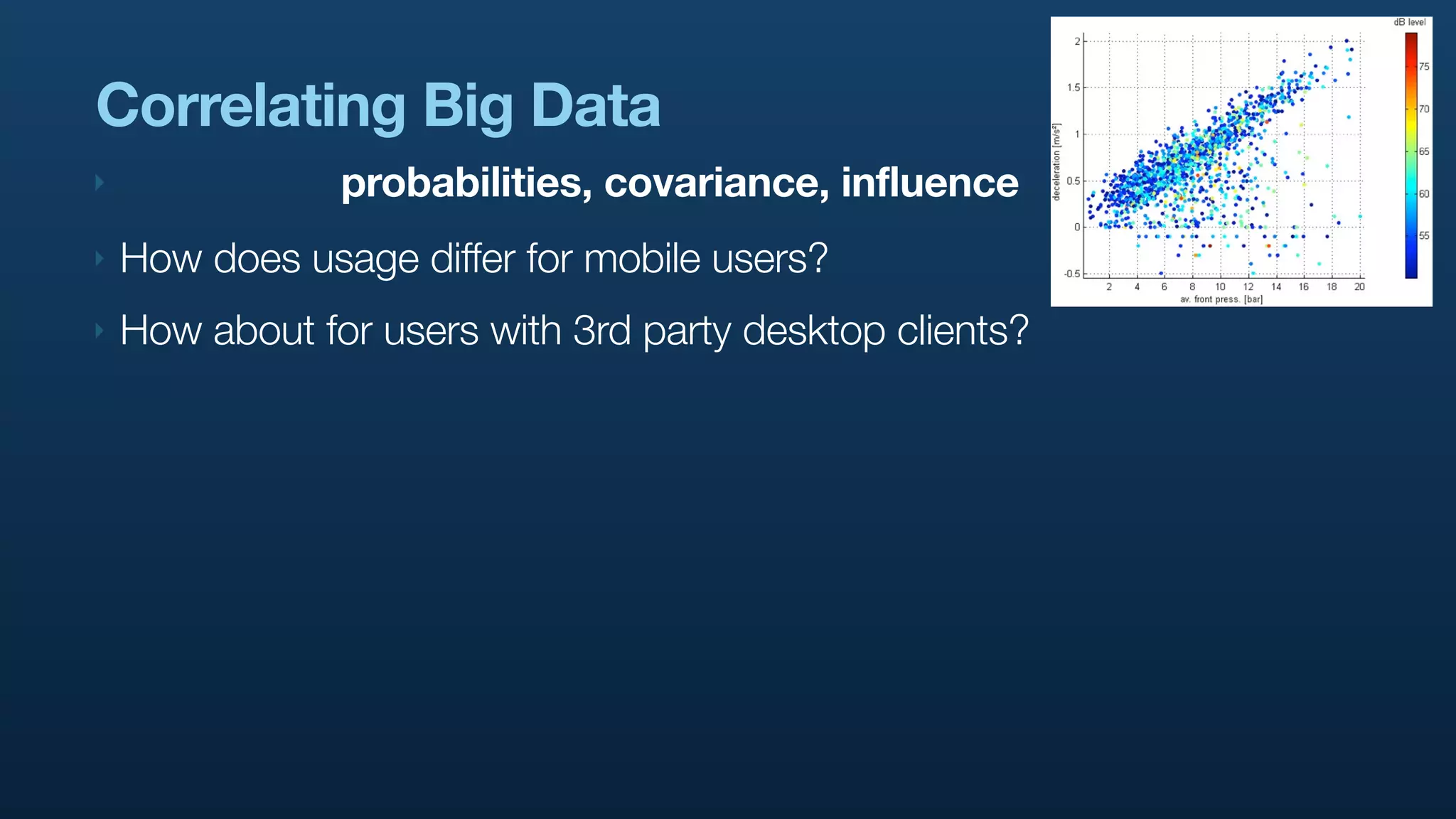 Correlating Big Data
‣               probabilities, covariance, influence
‣   How does usage differ for mobile users?
‣   How about for users with 3rd party desktop clients?
 