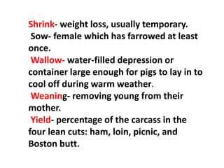 Shrink- weight loss, usually temporary.
Sow- female which has farrowed at least
once.
Wallow- water-filled depression or
container large enough for pigs to lay in to
cool off during warm weather.
Weaning- removing young from their
mother.
Yield- percentage of the carcass in the
four lean cuts: ham, loin, picnic, and
Boston butt.
 
