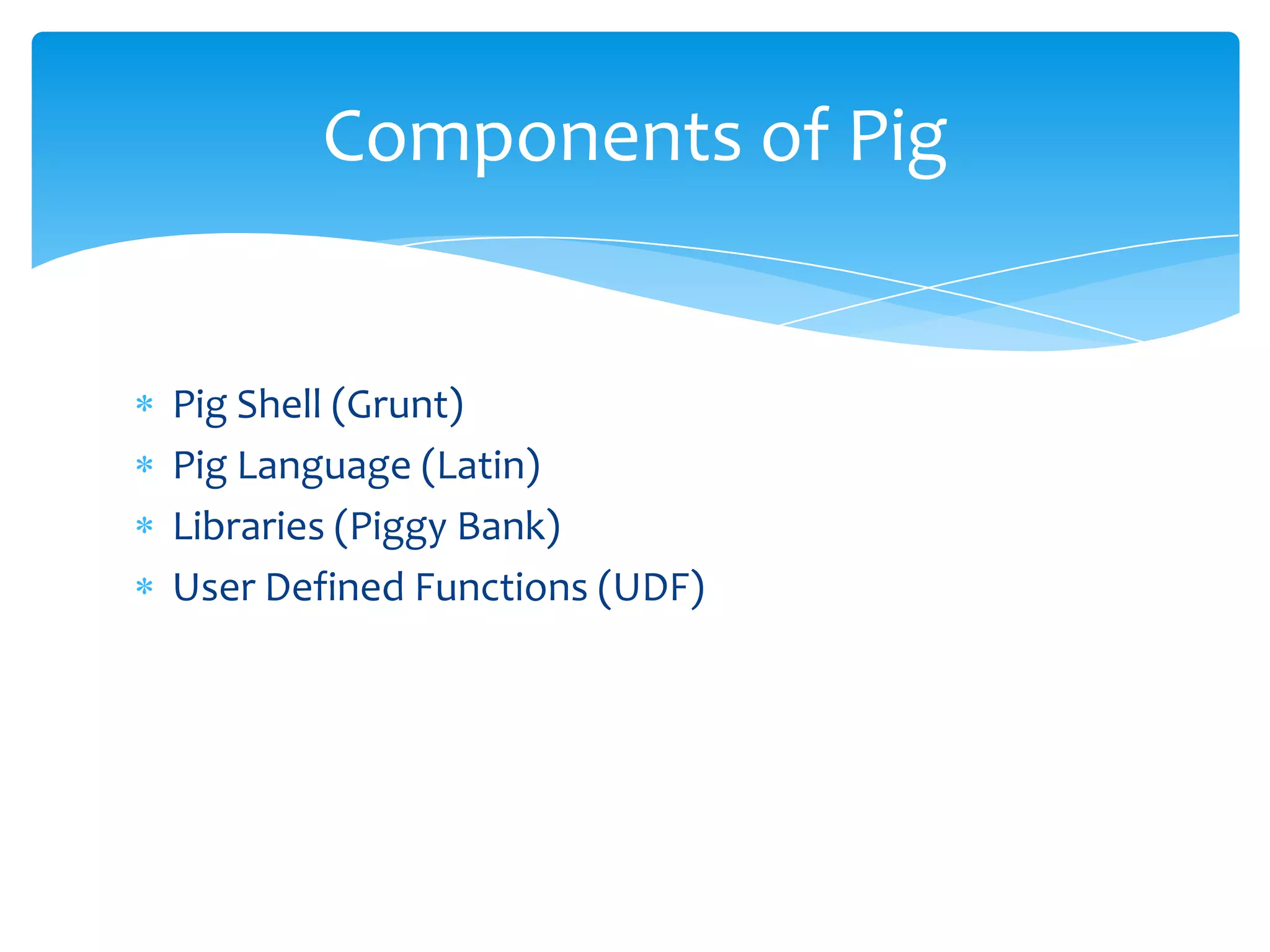Components of Pig


Pig Shell (Grunt)
Pig Language (Latin)
Libraries (Piggy Bank)
User Defined Functions (UDF)
 