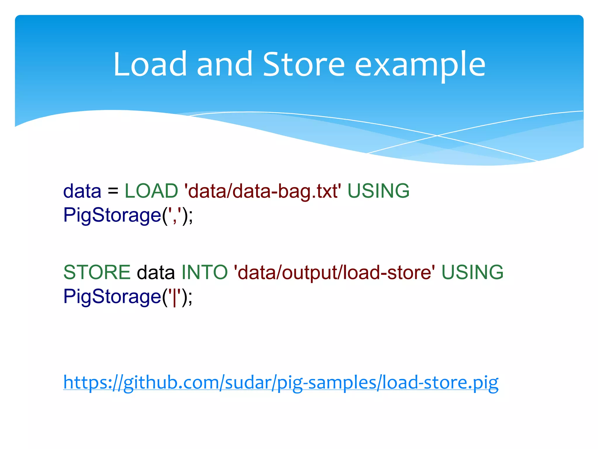 Load and Store example


data = LOAD 'data/data-bag.txt' USING
PigStorage(',');

STORE data INTO 'data/output/load-store' USING
PigStorage('|');



https://github.com/sudar/pig-samples/load-store.pig
 