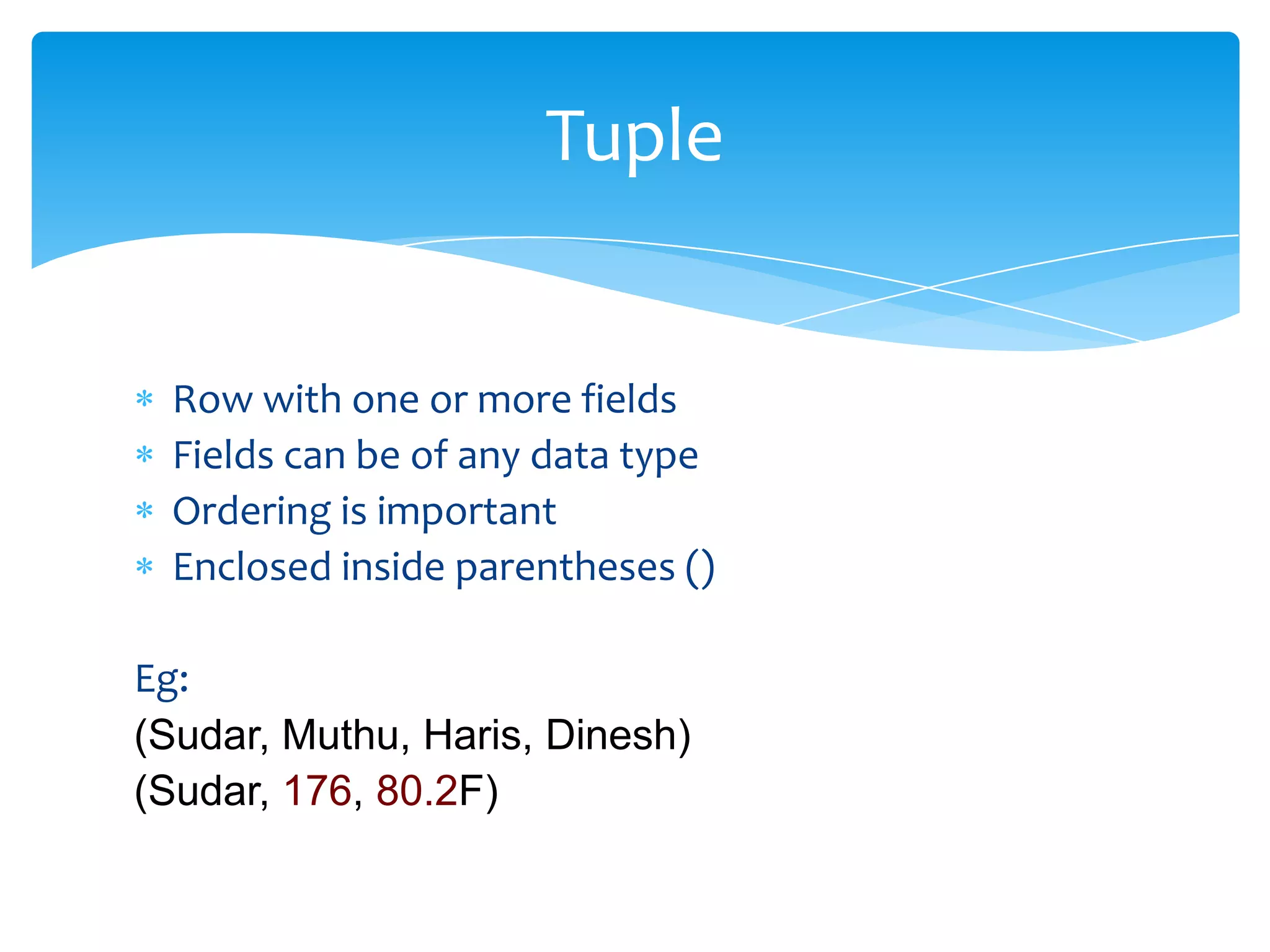Tuple


 Row with one or more fields
 Fields can be of any data type
 Ordering is important
 Enclosed inside parentheses ()

Eg:
(Sudar, Muthu, Haris, Dinesh)
(Sudar, 176, 80.2F)
 