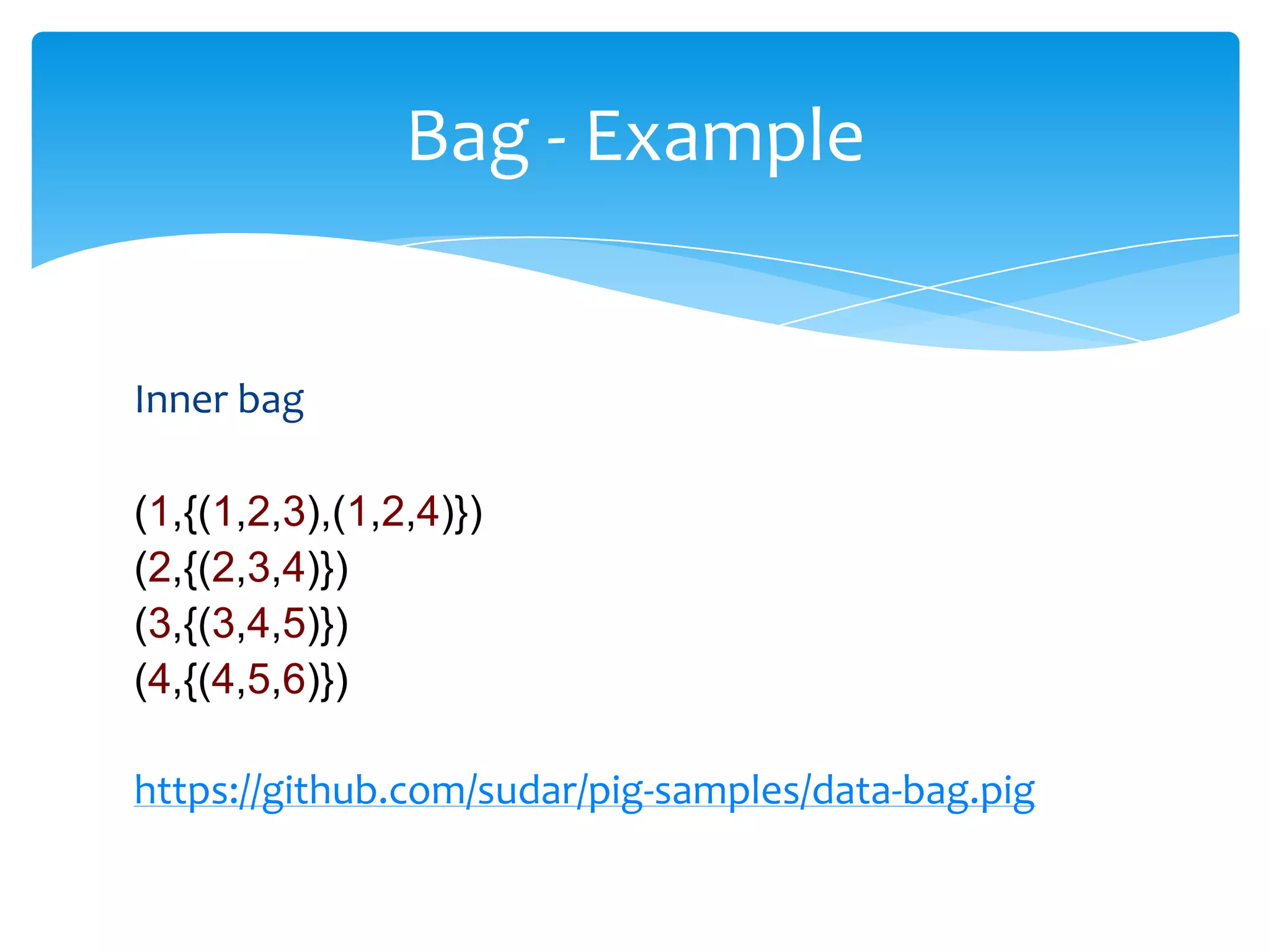Bag - Example


Inner bag

(1,{(1,2,3),(1,2,4)})
(2,{(2,3,4)})
(3,{(3,4,5)})
(4,{(4,5,6)})

https://github.com/sudar/pig-samples/data-bag.pig
 