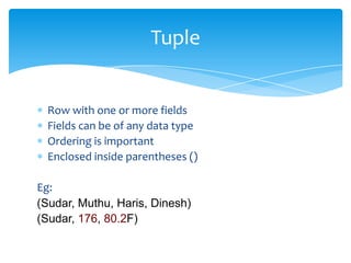 Tuple


 Row with one or more fields
 Fields can be of any data type
 Ordering is important
 Enclosed inside parentheses ()

Eg:
(Sudar, Muthu, Haris, Dinesh)
(Sudar, 176, 80.2F)
 
