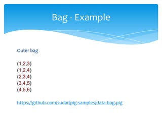 Bag - Example


Outer bag

(1,2,3)
(1,2,4)
(2,3,4)
(3,4,5)
(4,5,6)

https://github.com/sudar/pig-samples/data-bag.pig
 