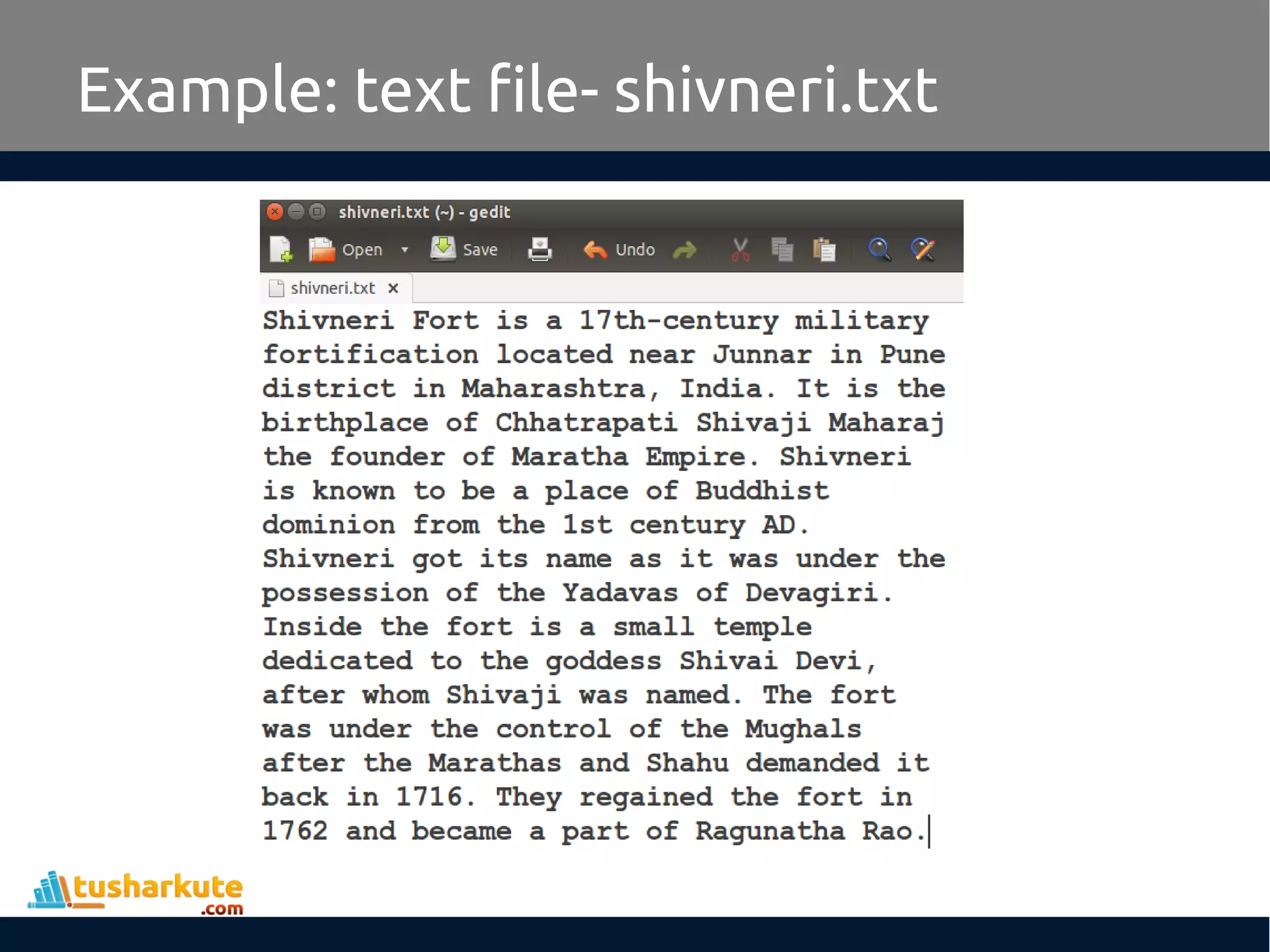 Example: text file- shivneri.txt
 