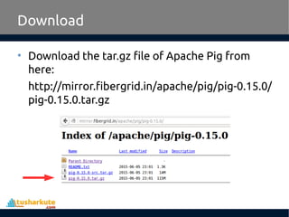 Download
• Download the tar.gz file of Apache Pig from
here:
http://mirror.fibergrid.in/apache/pig/pig-0.15.0/
pig-0.15.0.tar.gz
 