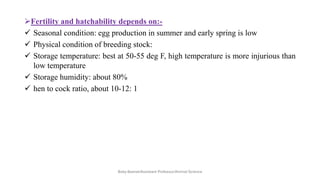 ➢Fertility and hatchability depends on:-
✓ Seasonal condition: egg production in summer and early spring is low
✓ Physical condition of breeding stock:
✓ Storage temperature: best at 50-55 deg F, high temperature is more injurious than
low temperature
✓ Storage humidity: about 80%
✓ hen to cock ratio, about 10-12: 1
Boby Basnet/Assistant Professor/Animal Science
 