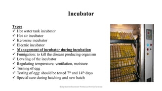 Incubator
Types
✓ Hot water tank incubator
✓ Hot air incubator
✓ Kerosene incubator
✓ Electric incubator
• Management of incubator during incubation
✓ Fumigation: to kill the disease producing organism
✓ Leveling of the incubator
✓ Regulating temperature, ventilation, moisture
✓ Turning of egg
✓ Testing of egg: should be tested 7th and 14th days
✓ Special care during hatching and new hatch
Boby Basnet/Assistant Professor/Animal Science
 