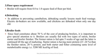 3.Floor space requirement
 Broiler will require from 0.8 to 1.0 square feed of floor per bird.
4.Debeaking
 In addition to preventing cannibalism, debeaking usually lessens mash feed wastage.
Electric de-beakers are now available, and chickens are debeaked when only one day
old.
5.Broiler feeds
 Since feed constitutes about 70 % of the cost of producing broilers, it is important to
give special attention to it. Broilers are usually fed with two types of ration, broiler
starter and broiler finisher. The former ration is fed upto 5 weeks of age and the latter is
continued till the age of marketing. Starter ration is having more protein (23 -24 %) than
the finisher ration, 20 % protein, and both starter and fisher containing same level of
metabolizable energy i.e. 3200 ME kcal/kg of feed.
Boby Basnet/Assistant Professor/Animal Science
 