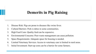 Demerits in Pig Raising
1. Disease Risk: Pigs are prone to diseases like swine fever.
2. Cultural Barriers: Pork is taboo in some communities.
3. High Feed Costs: Quality feed can be expensive.
4. Environmental Concerns: Poor waste management can cause pollution.
5. Space Requirements: Adequate space for housing is needed.
6. Limited Veterinary Services: Access to veterinary care is limited in rural areas.
7. Initial Investment: Start-up costs can be a barrier for some farmers.
 