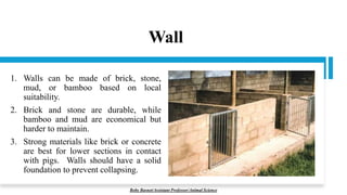 Wall
1. Walls can be made of brick, stone,
mud, or bamboo based on local
suitability.
2. Brick and stone are durable, while
bamboo and mud are economical but
harder to maintain.
3. Strong materials like brick or concrete
are best for lower sections in contact
with pigs. Walls should have a solid
foundation to prevent collapsing.
Boby Basnet/Assistant Professor/Animal Science
 